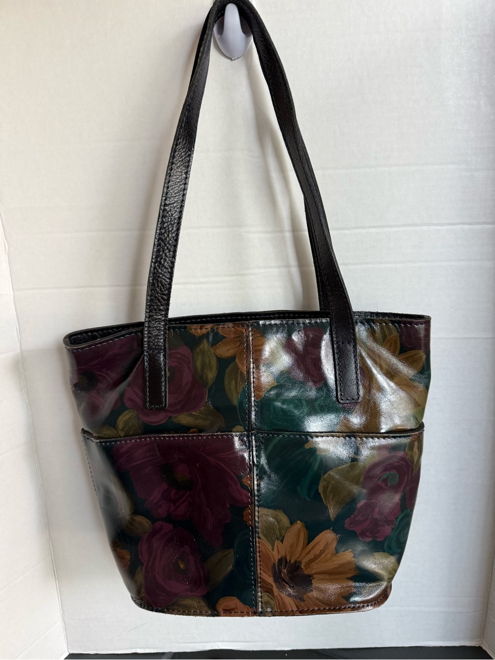 Patricia Nash Painted Floral Leather Tote in Green, Burgundy & Tan